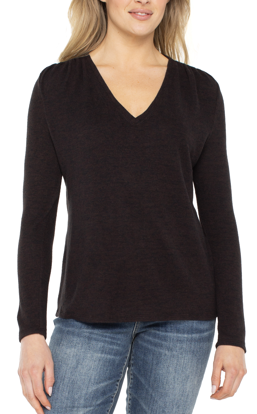 Long Sleeve V Neck Knit Top W/Shirring LM8J61KB10