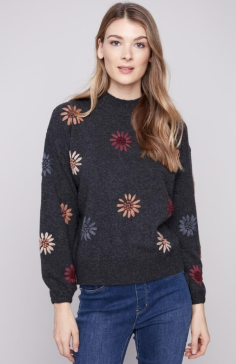 Mock Neck Sweater W/Embroidery C2689E