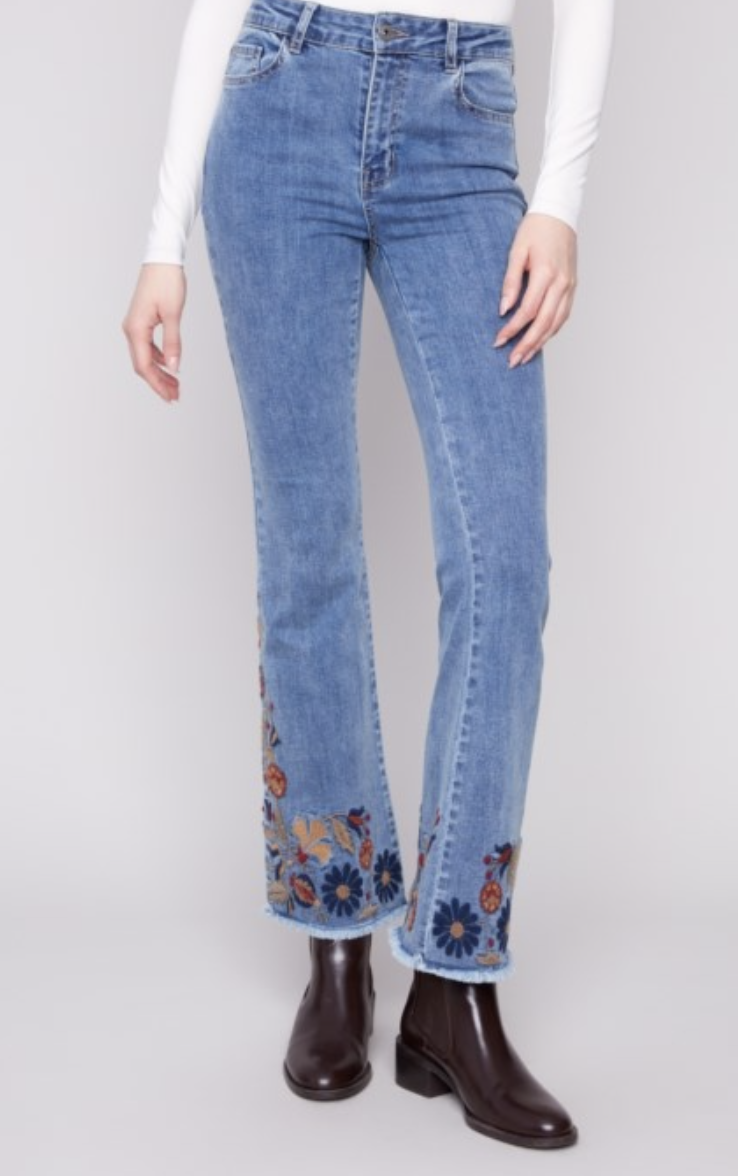 Flare Leg Stretch Denim Pants W/Embroidery C5667