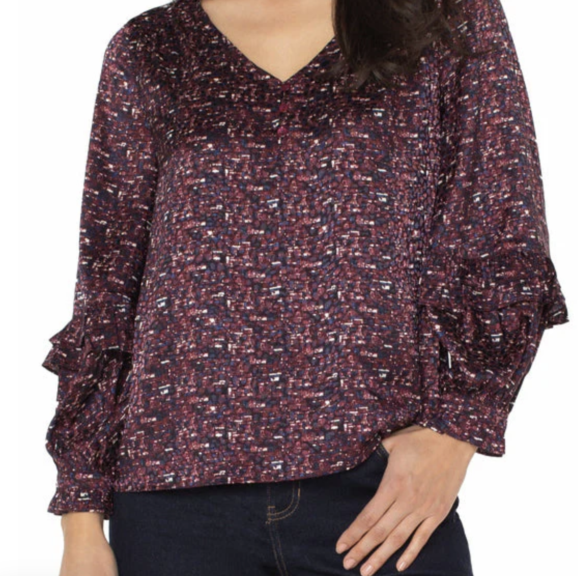 Long Sleeve Woven Blouse W/Ruffles LM8J11HD3P69