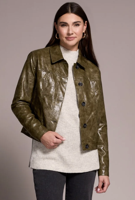 Button Front Faux Leather Jacket 5921O