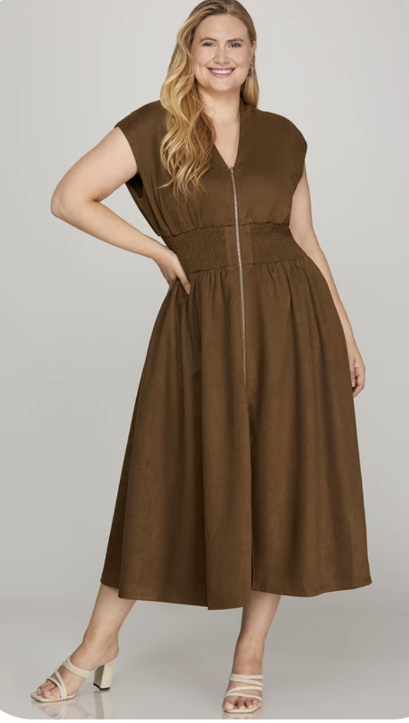 Front ZipTwill Midi Dress With Pockets SY9343