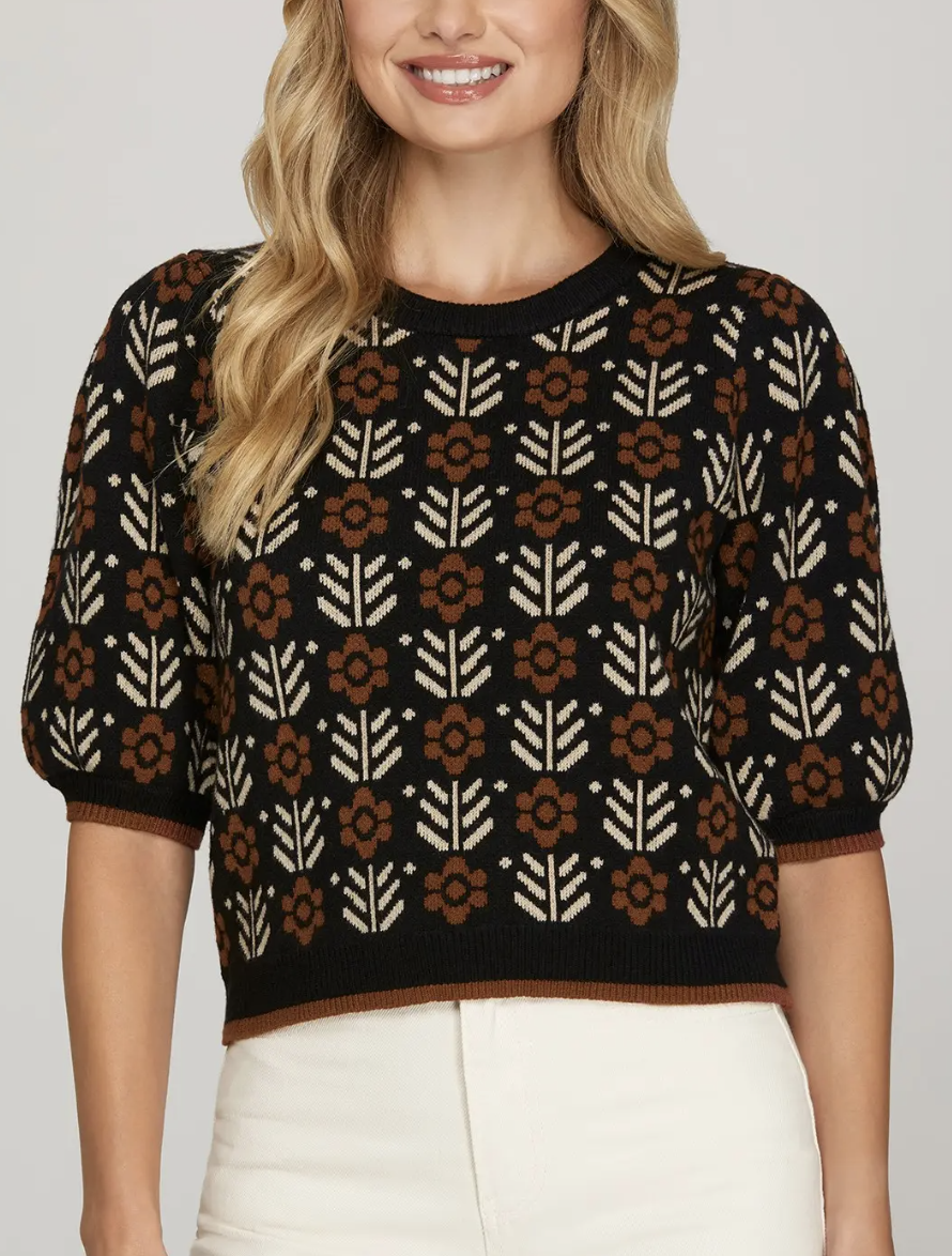 Short Puff Sleeve Floral Sweater SY9563