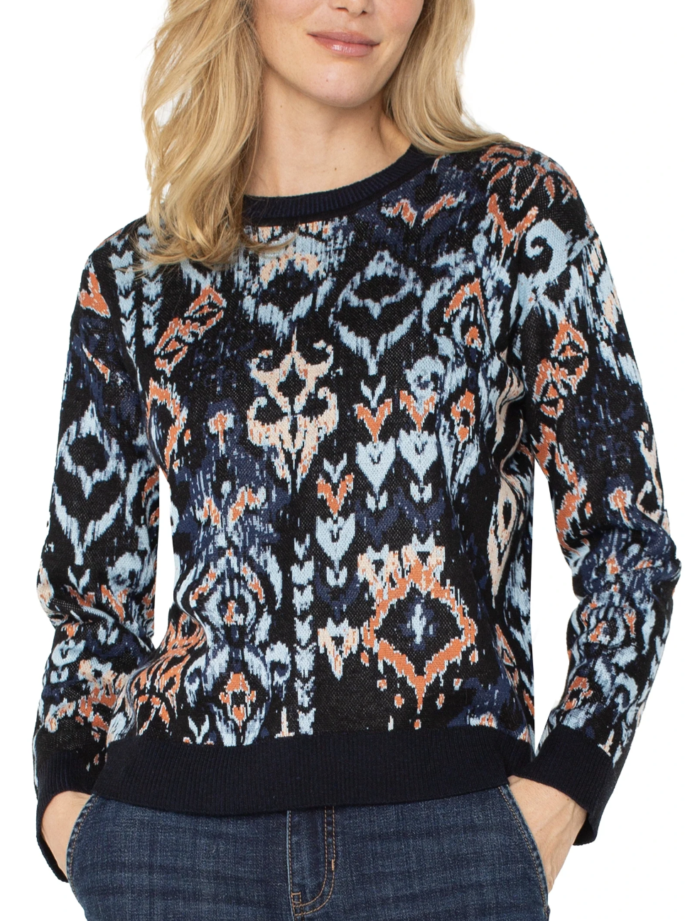 Long Sleeve Crew Neck Dropped Shoulder Jacquard Sweater LM8J12SR09J6