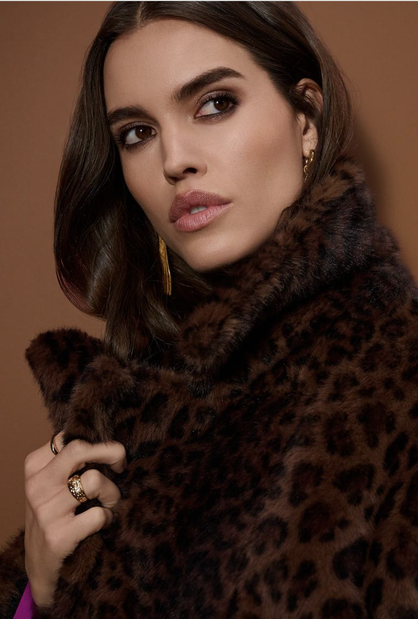 Faux Fur Leopard Print Double Breasted Coat T 253937