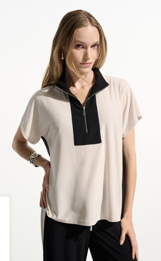 Silky Knit Color Block Straight Top W/Zipper Collar 261611