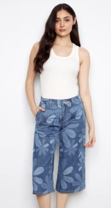 Printed Cropped Stretch Denim Palazzo Pants C5761P