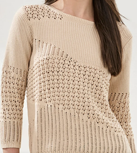 Crew Neck 3/4 Sleeve Textured Sweater 6156O