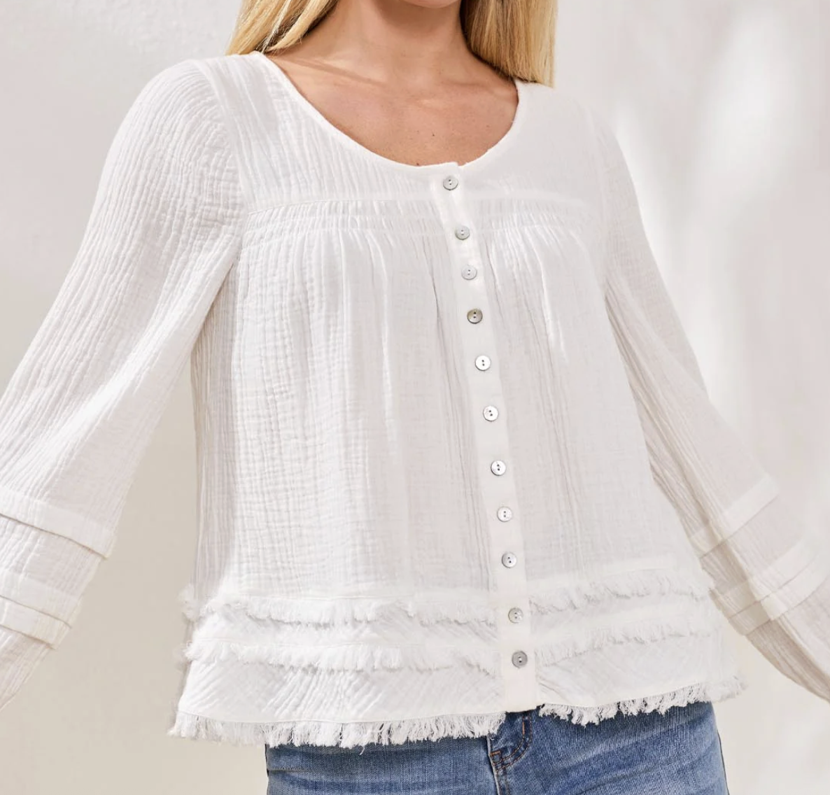 Tiered A-Line Blouse W/Smocking & Raw Edge 6165O