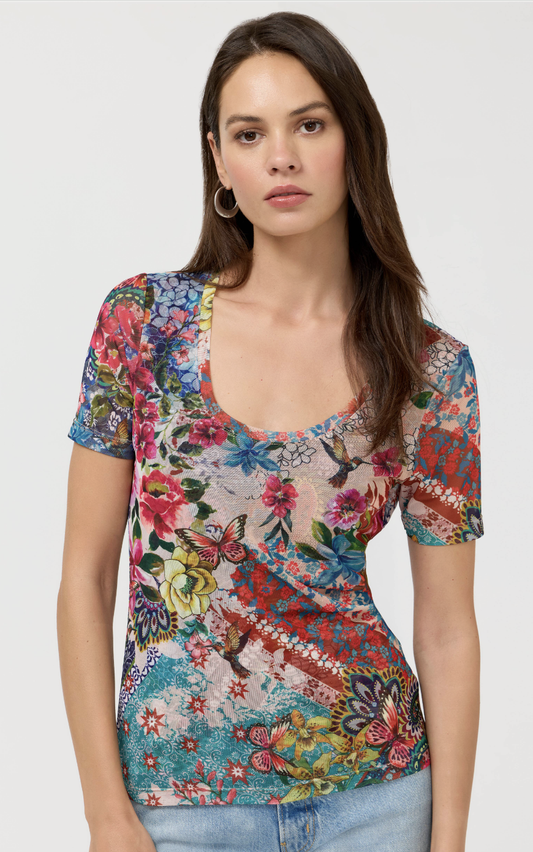 Short Sleeve Scoop Neck Mesh Tee-Evie T11326A-5