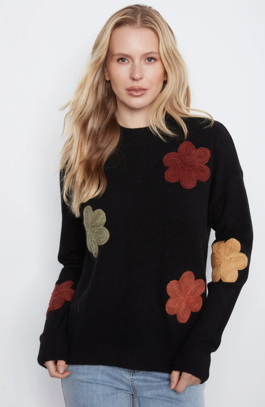 Long Sleeve Drop Shoulder Flower Applique Sweater C2012