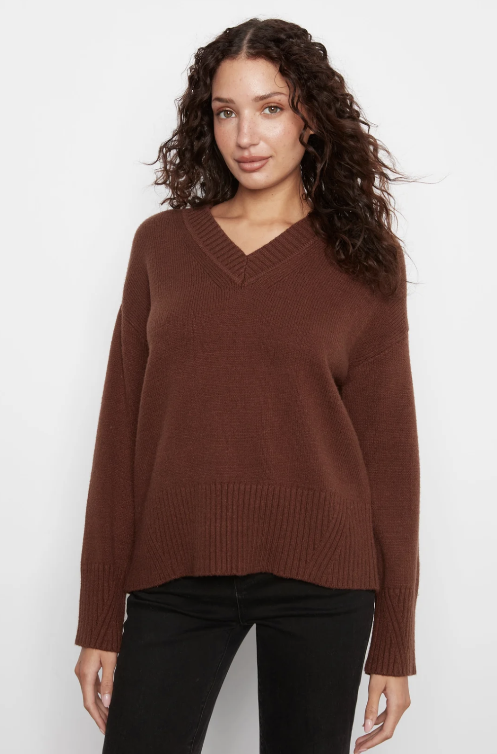 Long Sleeve Drop Shoulder V Neck Sweater W/ Fully Fashion Rib Detail C2127