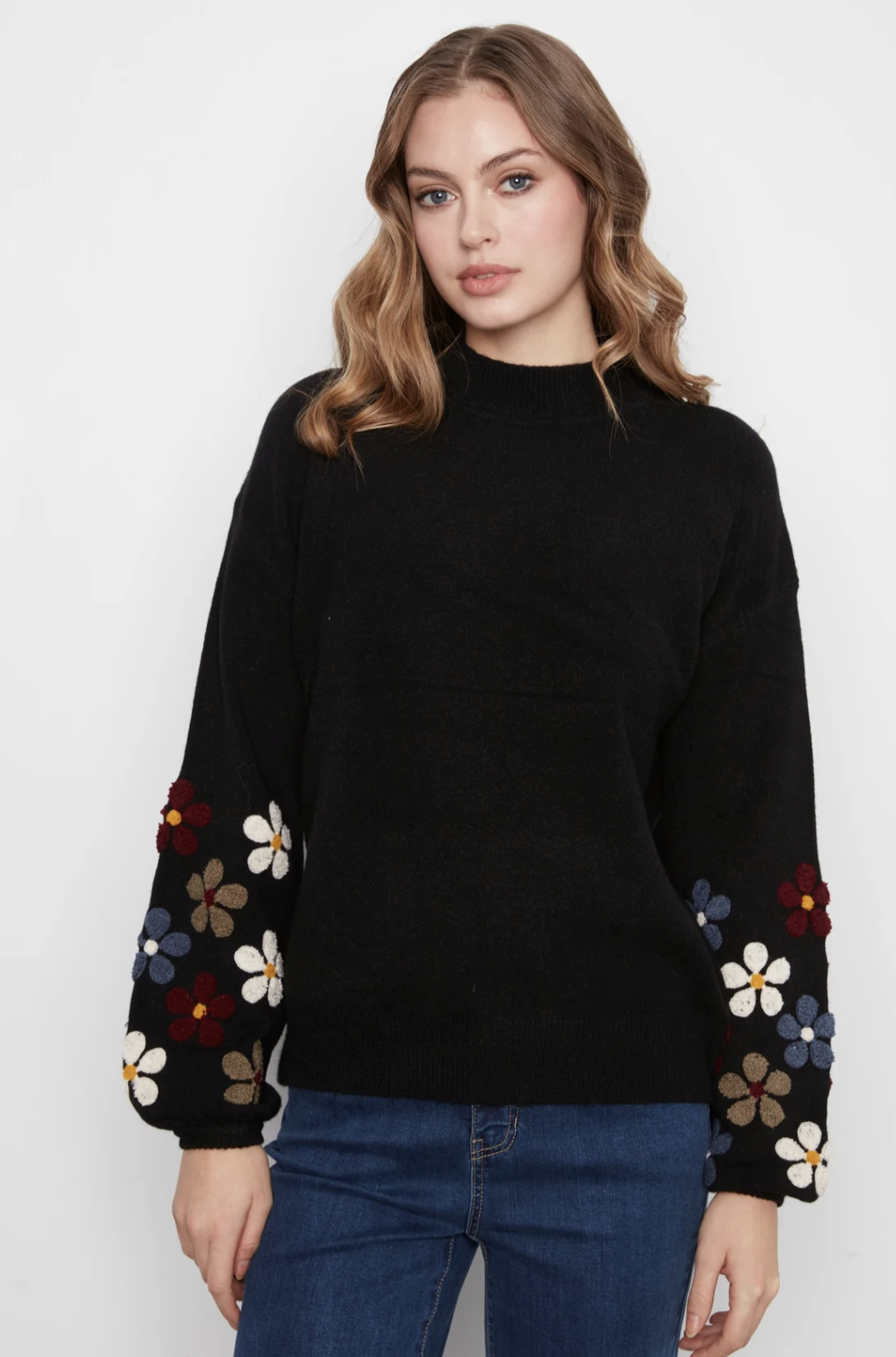 Mock Neck Sweater With Embroidery At Sleeves C2689RR