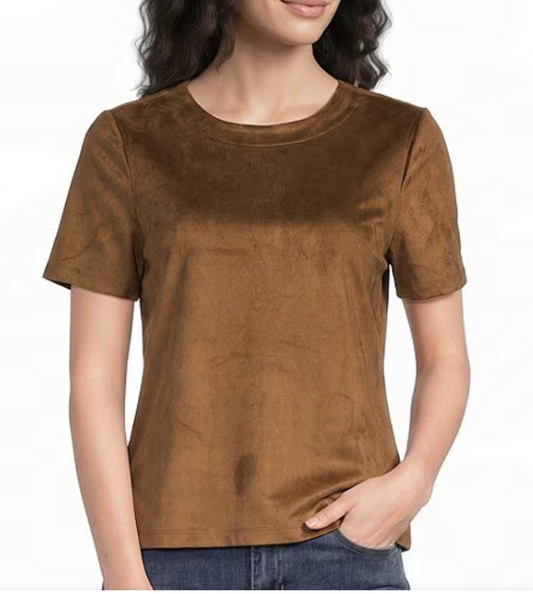 Faux Suede Short Sleeve Top With Black Zipper C1460PK