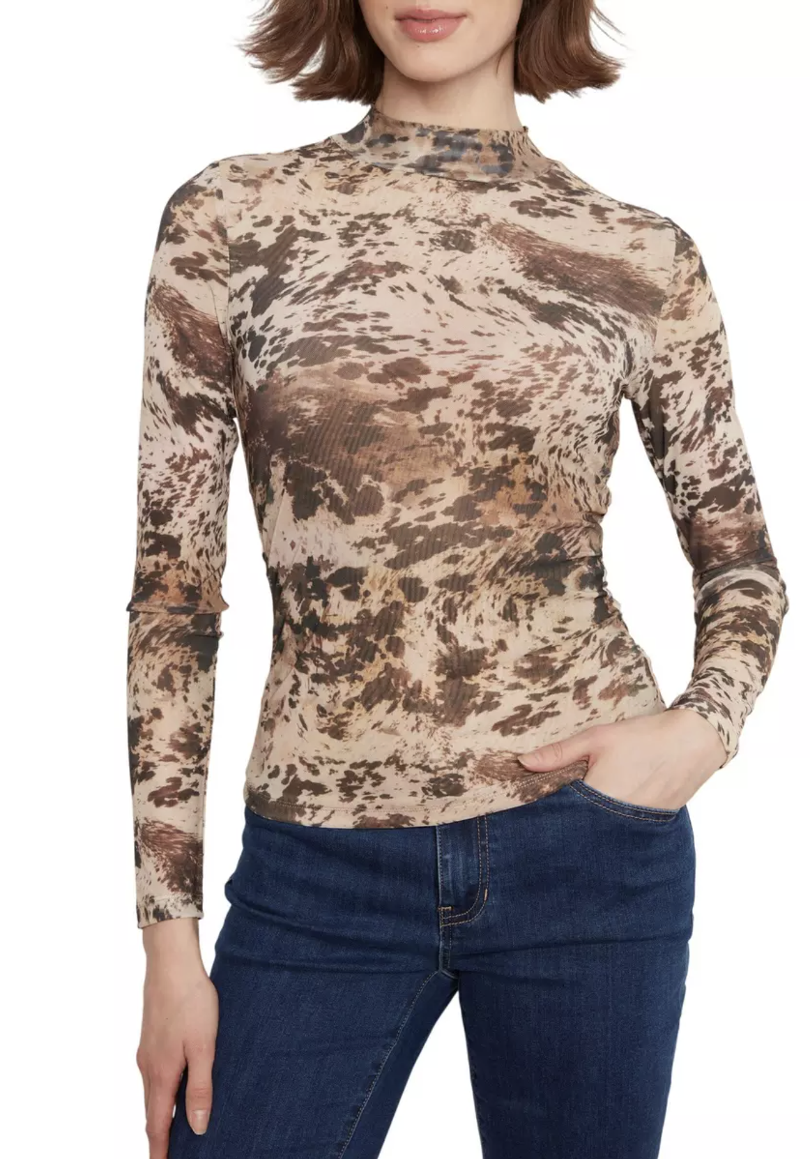 Printed Mesh Long Sleeve Mock Neck Top Lined At Body C1469PK