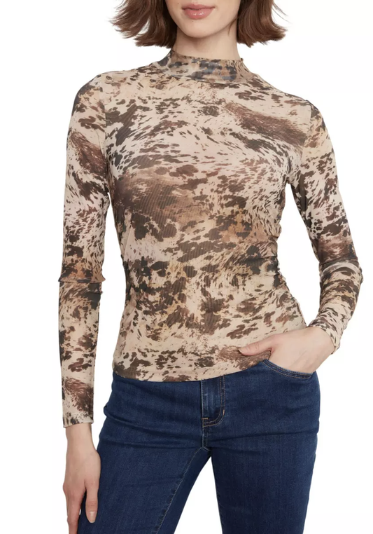 Printed Mesh Long Sleeve Mock Neck Top Lined At Body C1469PK