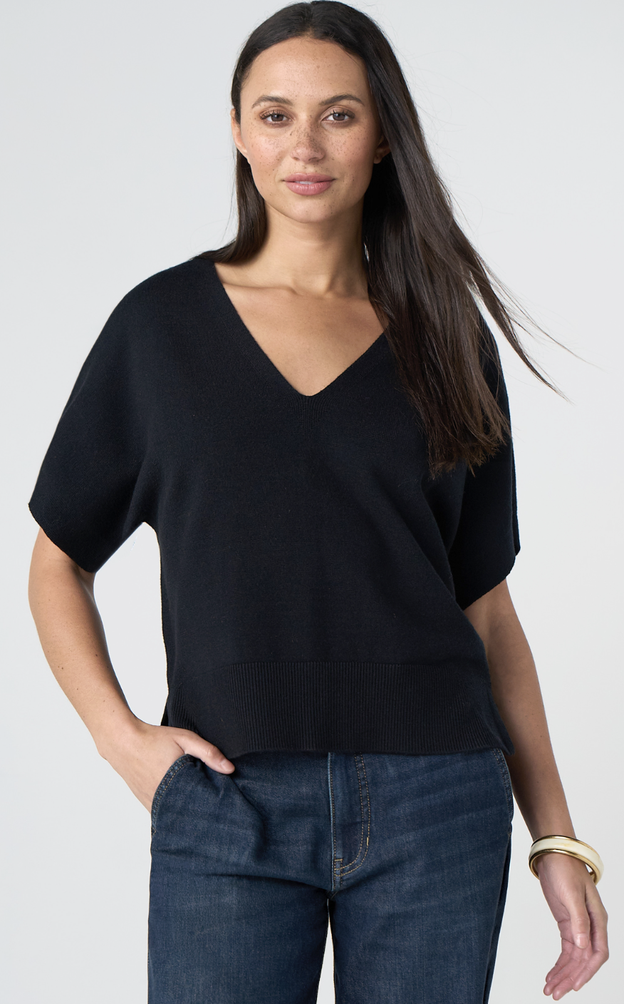 Shrt Slv Vneck Dolman Popover Swtr W Step Hem LM8L97SE16