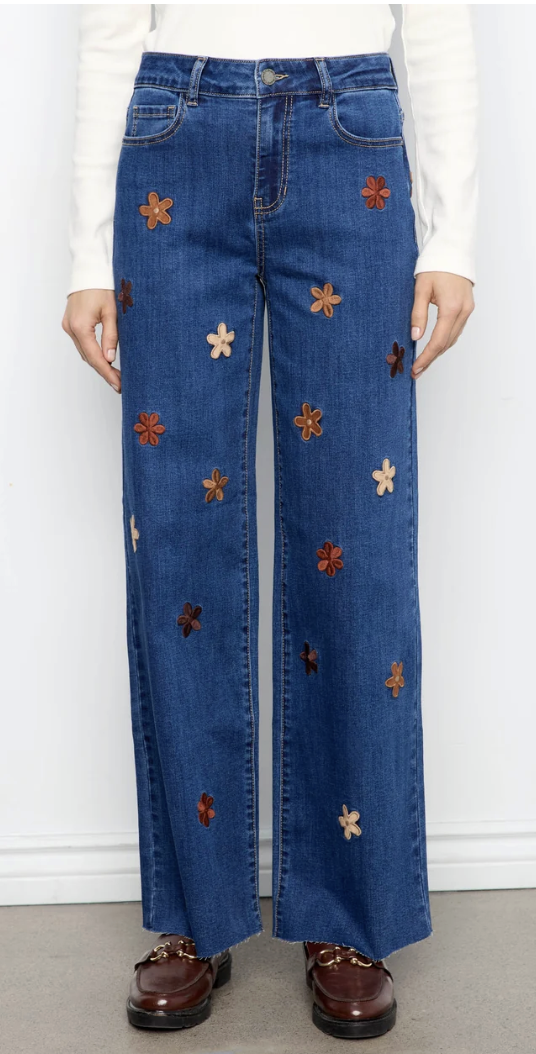 Wide Leg Stretch denim Pants With Allover Suede Flower PatchesC5665R
