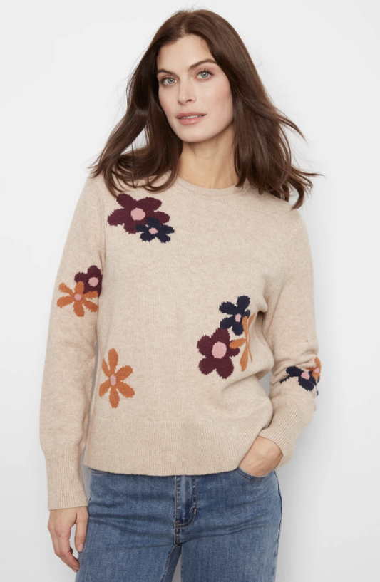 Long Sleeve Crew Neck Sweater With Placed Jacquard Flowers C2046