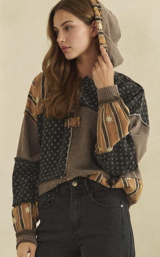 Washed Mixed Fabric 1/4 Zip Hoodie Sweater BT1254