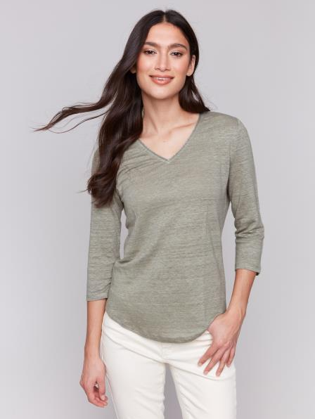 3/4 Sleeve V-Neck Top W/Neck Trim C1392PK