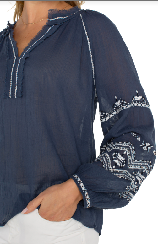 Long Sleeve Raglan Woven Blouse W/Embroidery LM8F83WV57E1