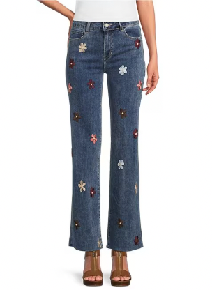 Wide Leg Stretch Denim Pants W/Allover Flower Patches C5665