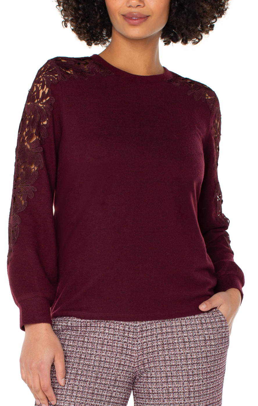 Long Sleeve Crew Neck Lace Inset Knit Top LM8H89KN20