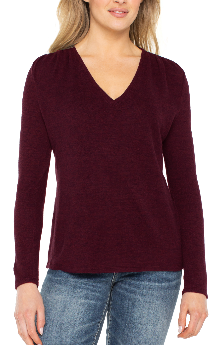 Long Sleeve V Neck Knit Top W/Shirring LM8J61KB10