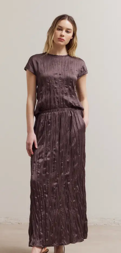 Pleated Wrinkle Satin Slit Skirt 50702