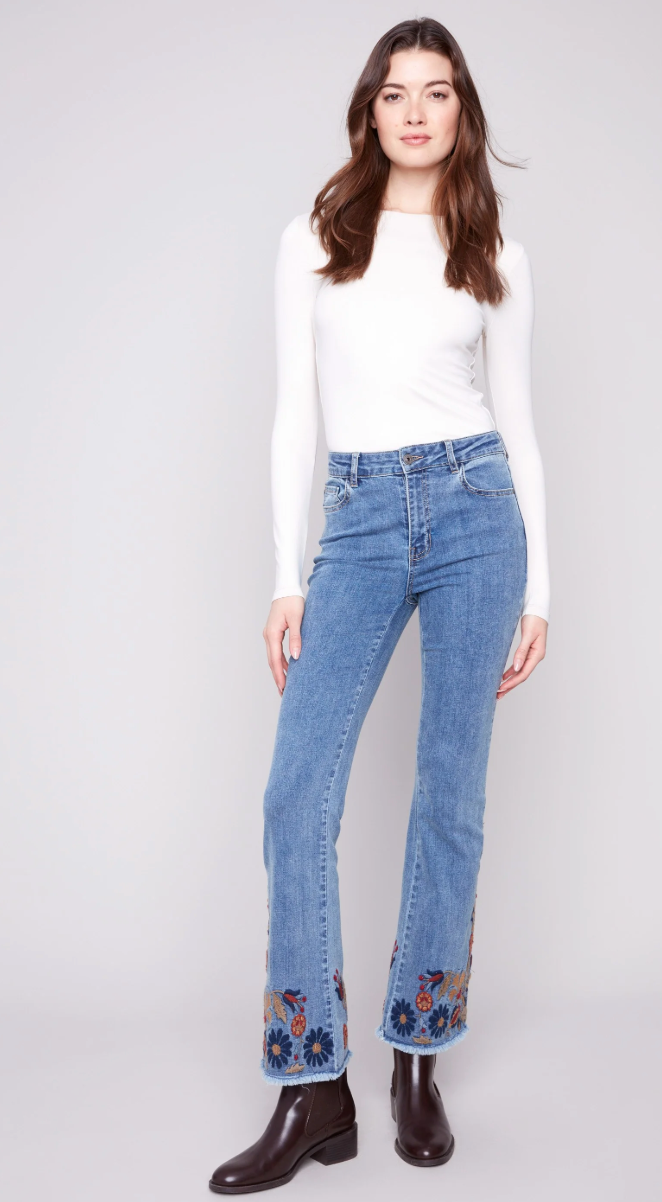 Flare Leg Stretch Denim Pants W/Embroidery C5667