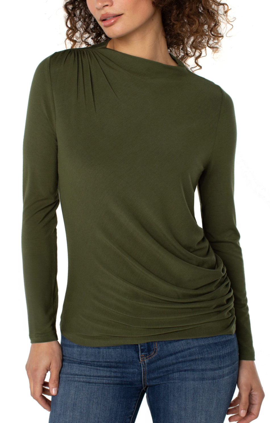 Long Sleeve Mock Neck Knit Top W/Shirring  LM8J02VMK
