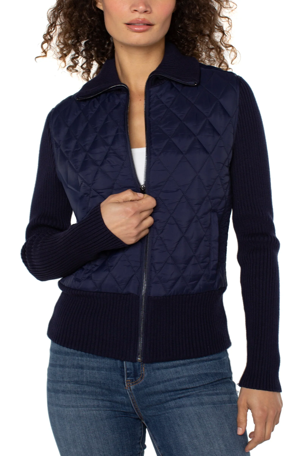 Long Sleeve Zip Front Sweater/Woven Jacket LM1C26SW53
