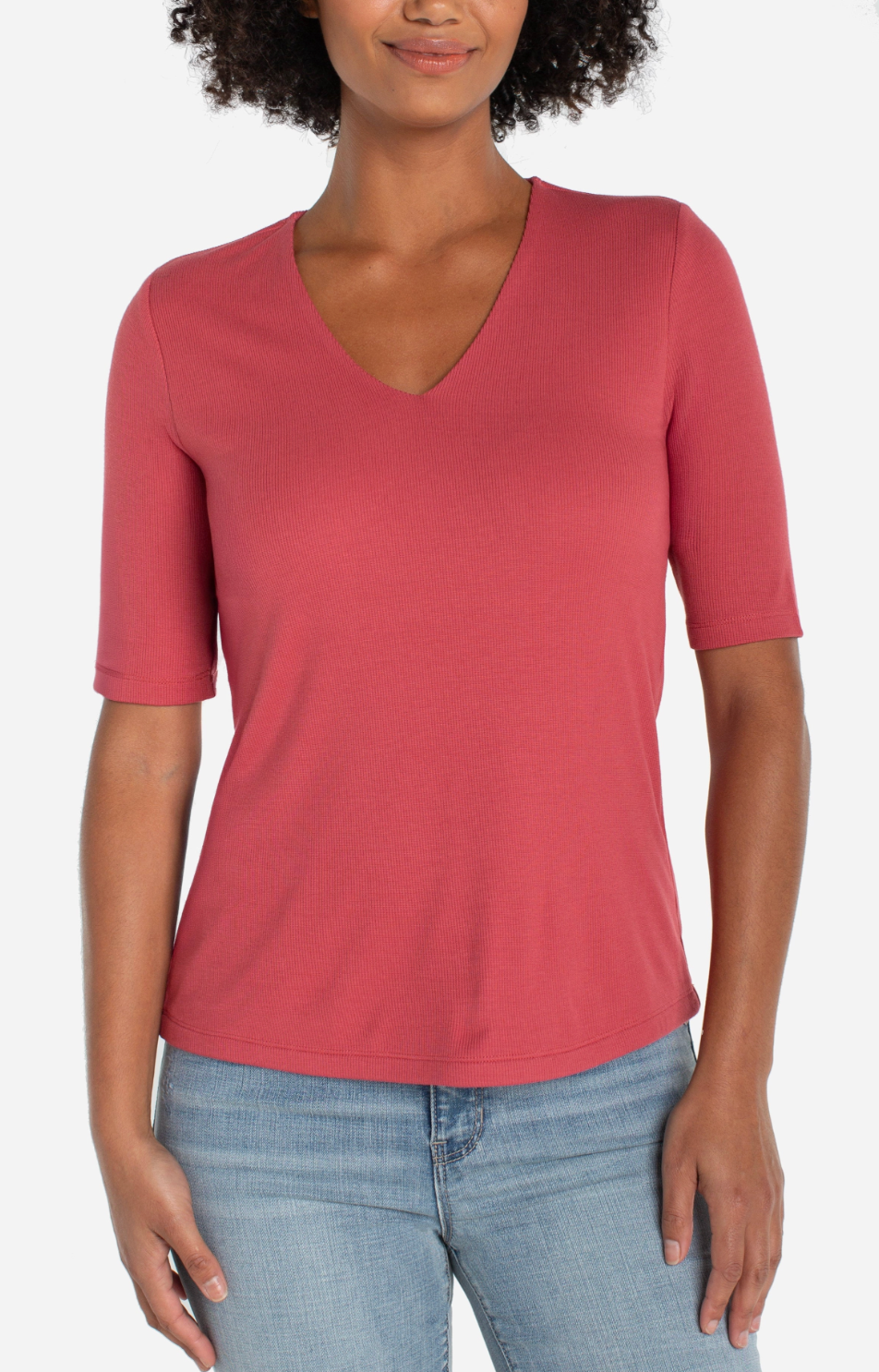 Double Layer V Neck 1/2 Sleeve Rib Knit Top LM8A11K40