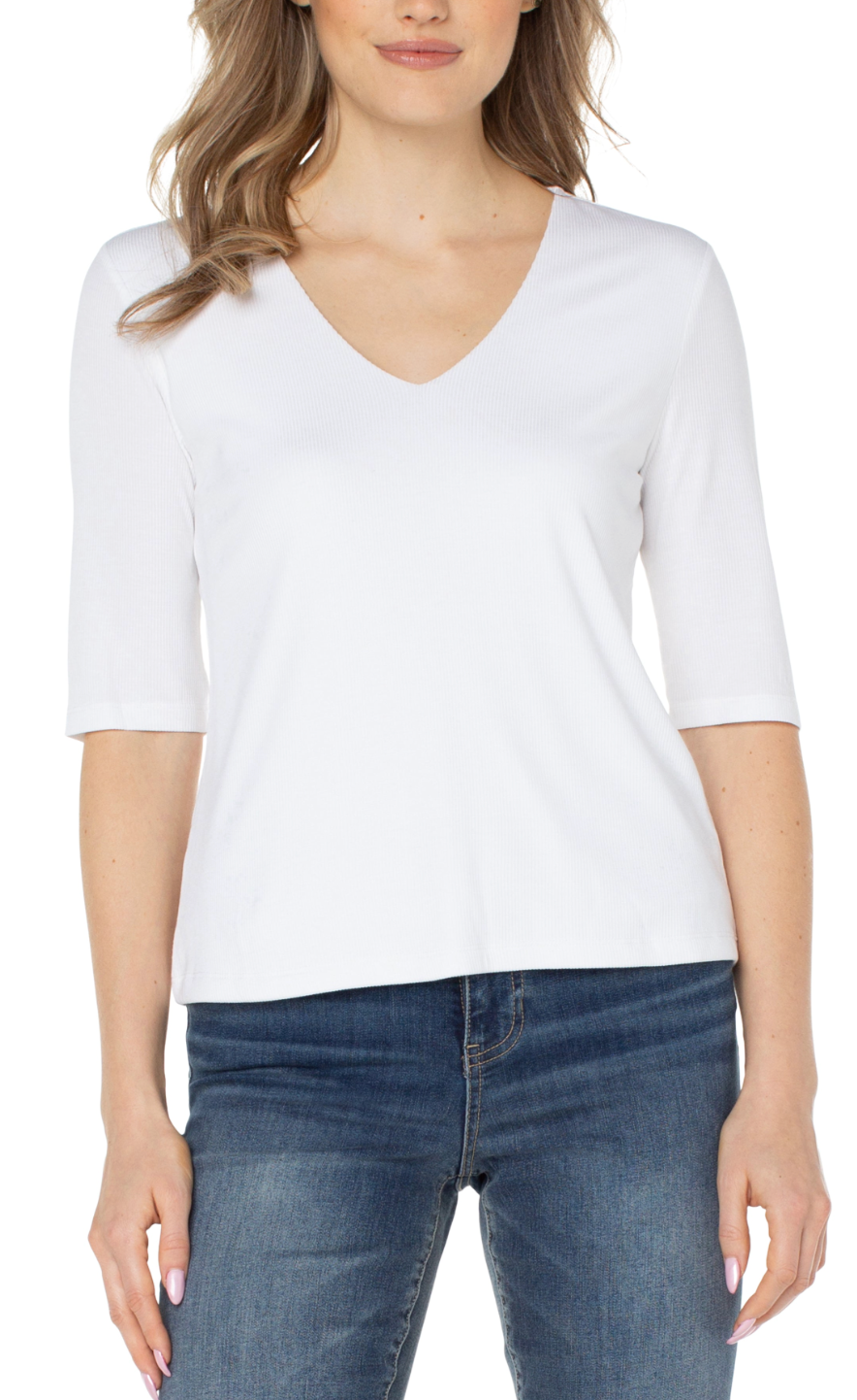 Double Layer V Neck 1/2 Sleeve Rib Knit Top LM8A11K40