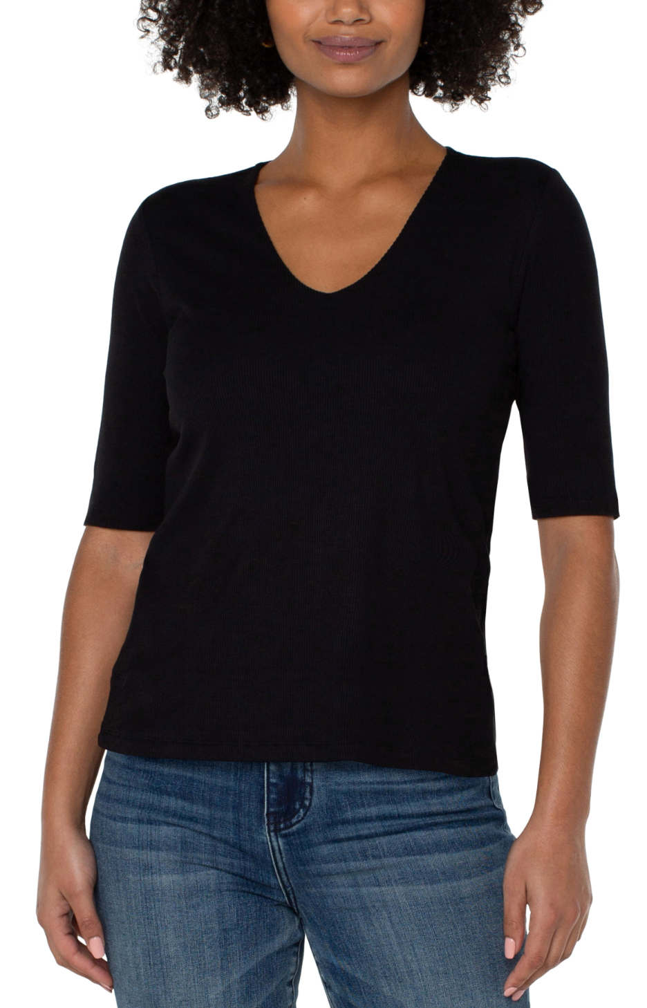 Double Layer V Neck 1/2 Sleeve Rib Knit Top LM8A11K40