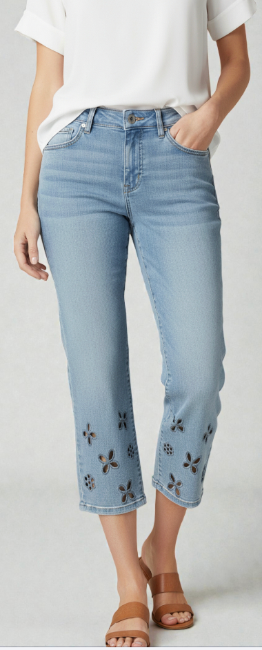 Wide Leg Stretch Denim Pants W/Flower Cut Outs C5782