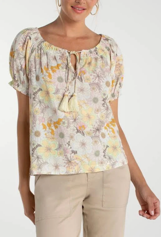 Short Sleeve Tie Neck Woven Top LM8K12CF2P83
