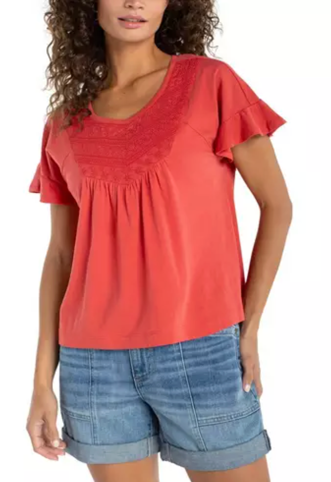 Flutter Slv Woven to Knit Top W/ Emb LM8G19KA94E2