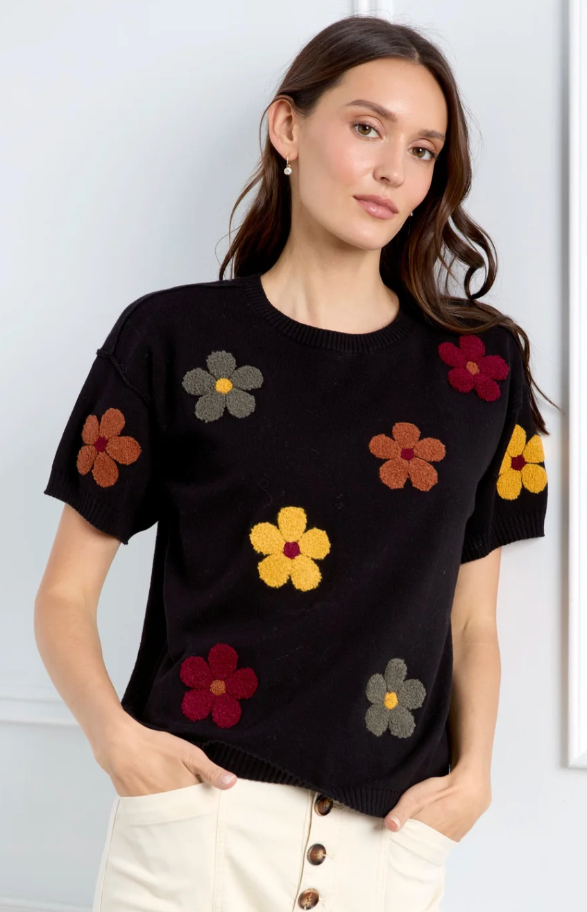 Elbow Sleeve Embroidered Flowers Crew Neck Sweater C2947E