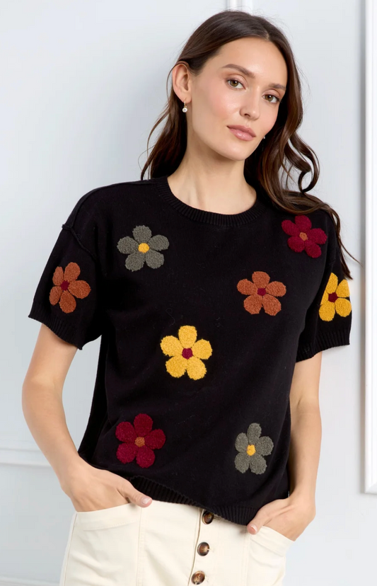 Elbow Sleeve Embroidered Flowers Crew Neck Sweater C2947E