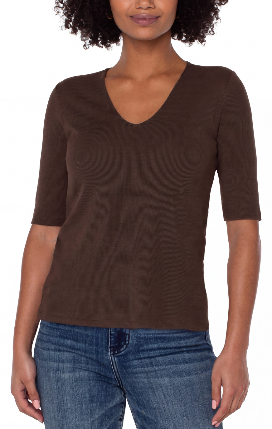 Double Layer V Neck 1/2 Sleeve Rib Knit Top LM8A11K40