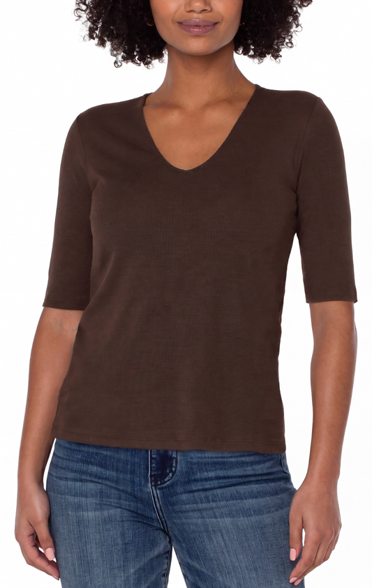 Double Layer V Neck 1/2 Sleeve Rib Knit Top LM8A11K40