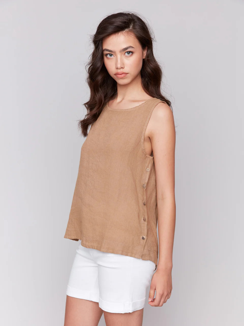 Sleeveless Linen Top W/Side Buttons C4425T