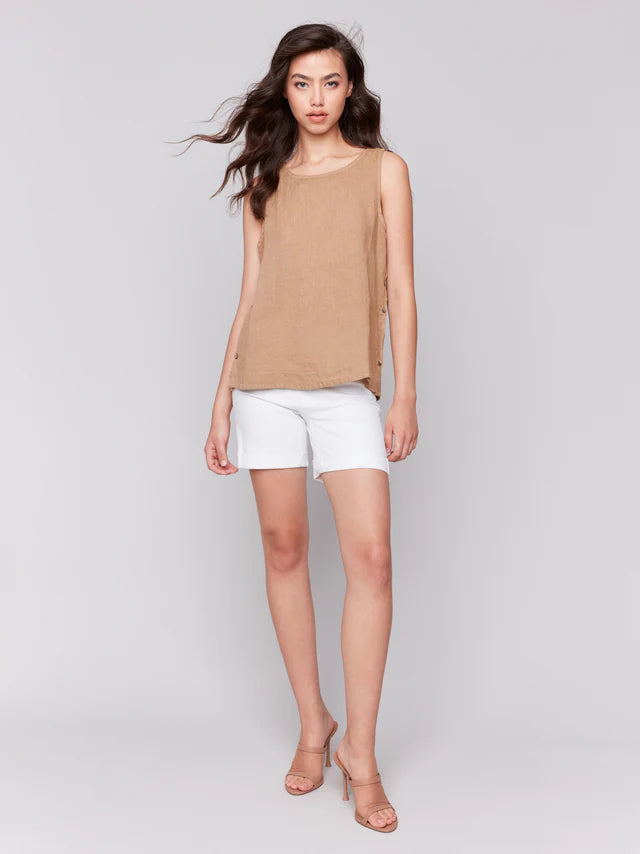 Sleeveless Linen Top W/Side Buttons C4425T