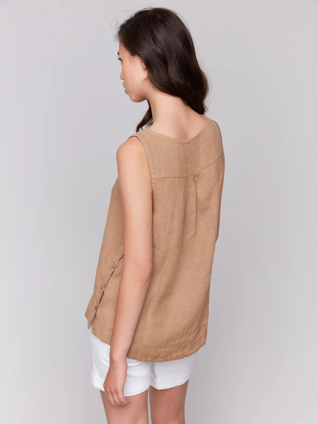 Sleeveless Linen Top W/Side Buttons C4425T