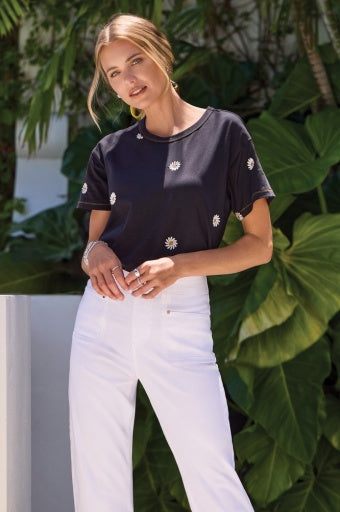 Short Sleeve Crew Neck Top with Embroidery 3043O