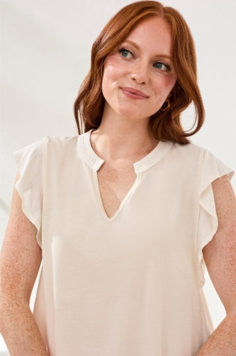 Mixed Media Ruffle Sleeve V-Neck Top 6131O
