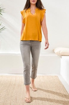 Mixed Media Ruffle Sleeve V-Neck Top 6131O