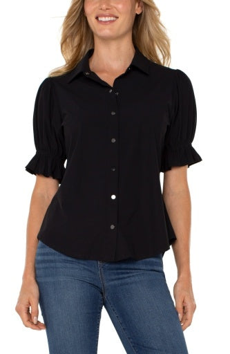 Elbow Puff Sleeve Snap Front Knit Shirt LM8H24ETK